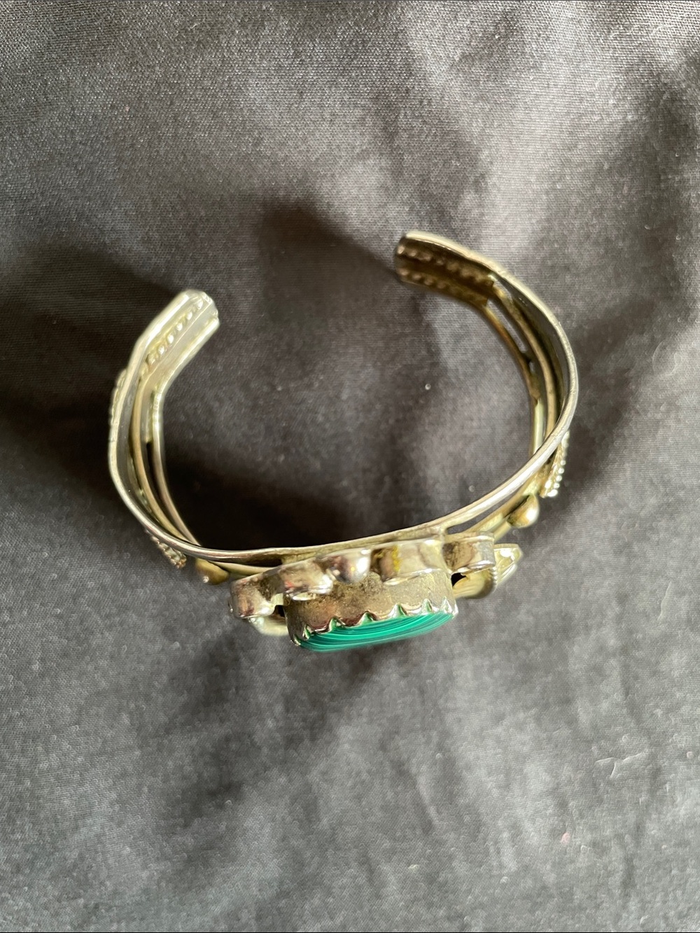Sterling Silver Cuff Bracelet with Green Malachite Center- Adustable - Picture 2 of 9